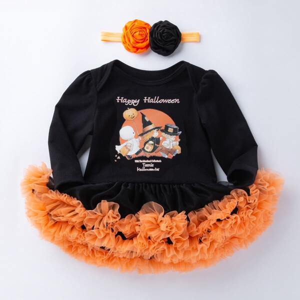 

Baby Girl Halloween & Slogan Graphic Mesh Hem Bodysuit & Headband, Black