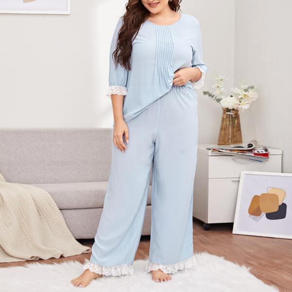 

Plus Contrast Lace Flounce Sleeve Top With Pants PJ Set, Baby blue