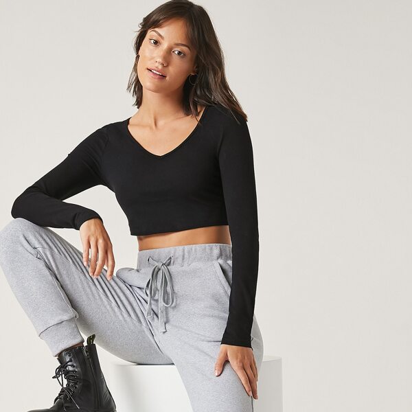 

V-Neck Fitted Crop Top, Black