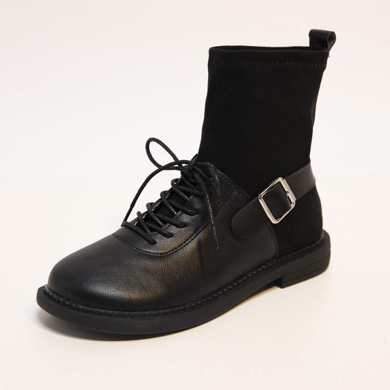

Buckle Decor Lace Up Front Sock Boots, Black