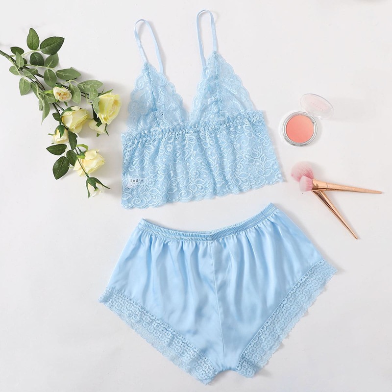 

Floral Lace Satin Lingerie Set, Pastel baby blue
