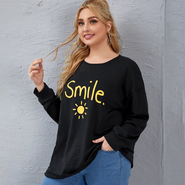

Plus Letter & Sun Print Drop Shoulder Sweatshirt, Black