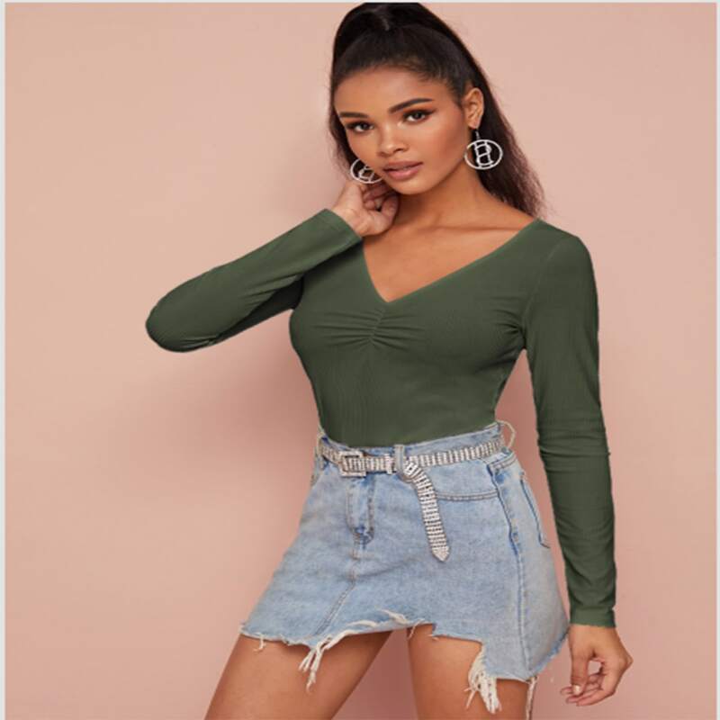 

Ribbed Ruched Long Sleeve Top, Army green
