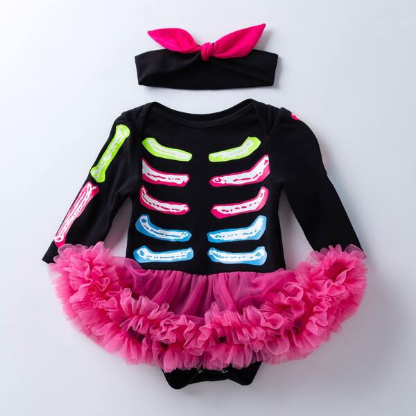 

Baby Girl Halloween Print Mesh Panel Bodysuit & Headband, Black