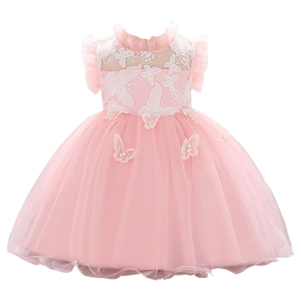 

Baby Girl Butterfly Embroidery Frill Trim Tutu Gown Dress, Baby pink
