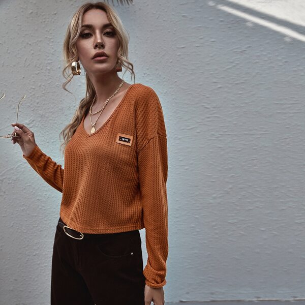 

Letter Patched V-Neck Waffle Tee, Brown