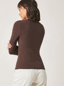 SHEIN BASICS Camiseta unicolor algodón escote V - Marrón Chocolate - Ver 2