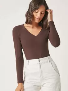 SHEIN BASICS Camiseta unicolor algodón escote V - Marrón Chocolate - Ver 4