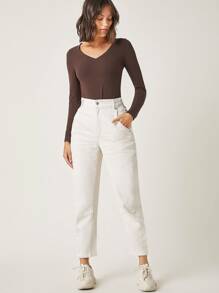 SHEIN BASICS Camiseta unicolor algodón escote V - Marrón Chocolate - Ver 5