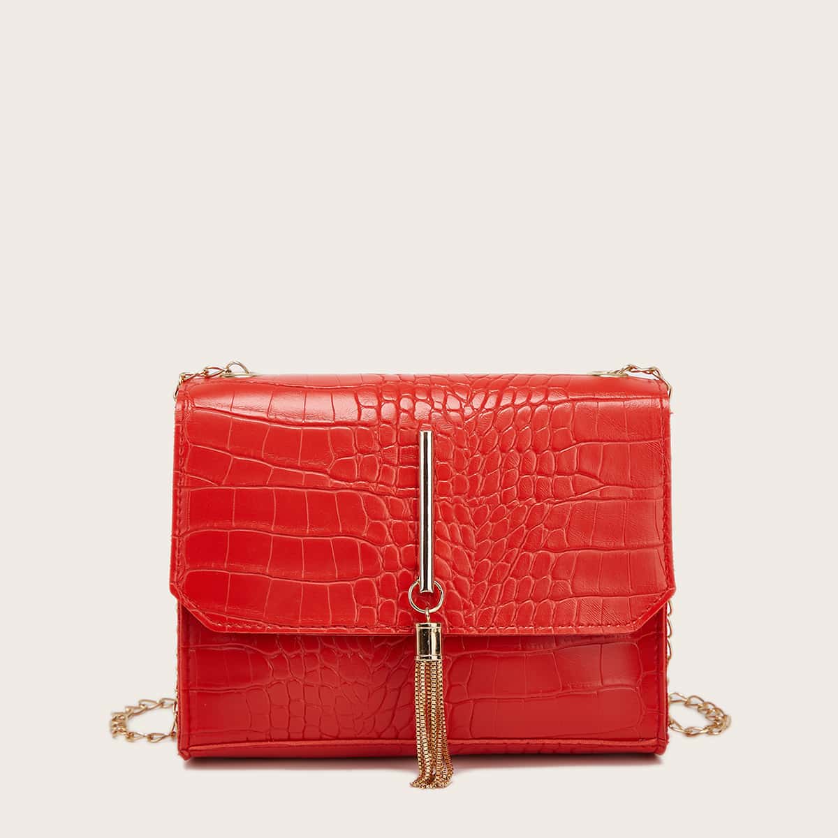 

Metal Tassel Decor Croc Embossed Crossbody Bag, Red