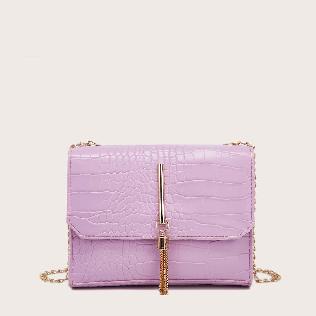 

Metal Tassel Decor Croc Embossed Crossbody Bag, Purple