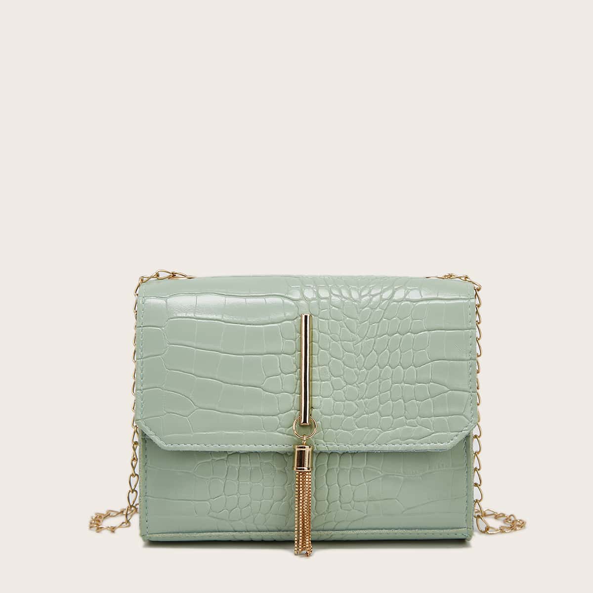 

Metal Tassel Decor Croc Embossed Crossbody Bag, Green