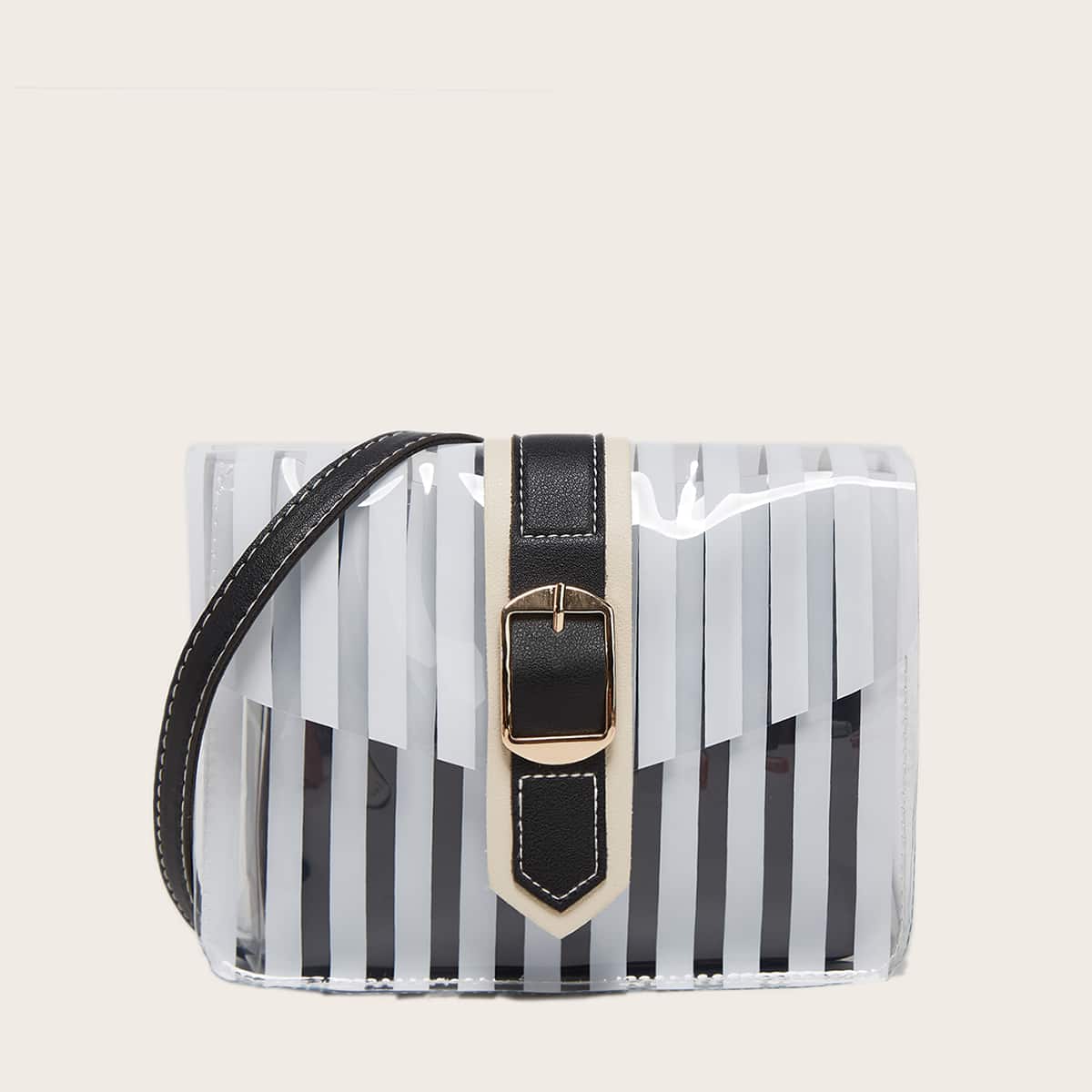 

Clear Striped Graphic Flap Crossbody Bag, Black