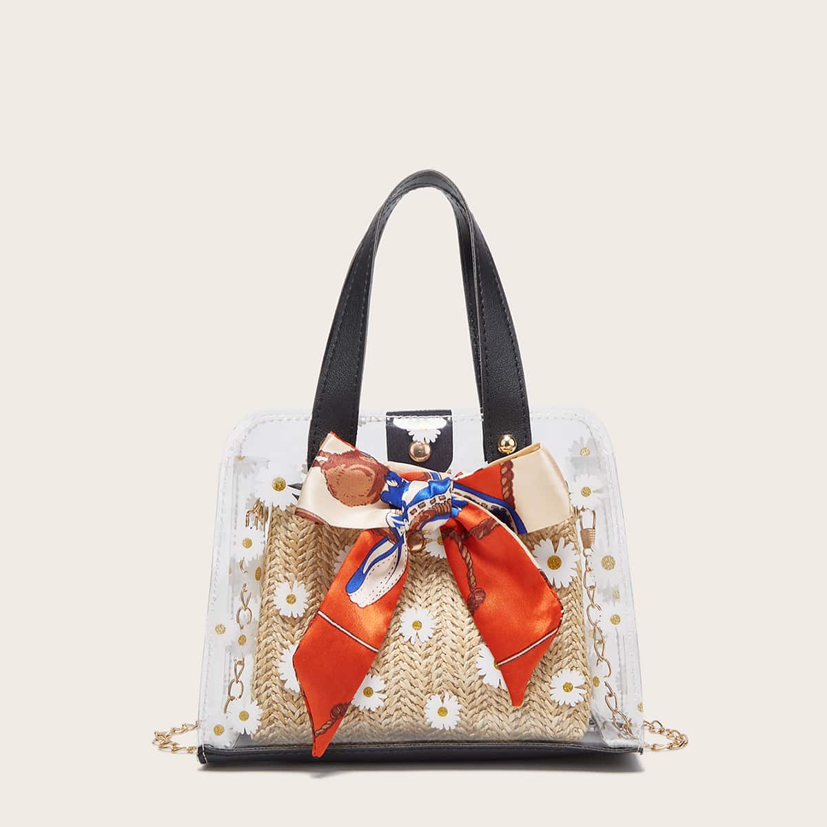 

Clear Satchel Bag With Braided Inner Pouch, Beige clear