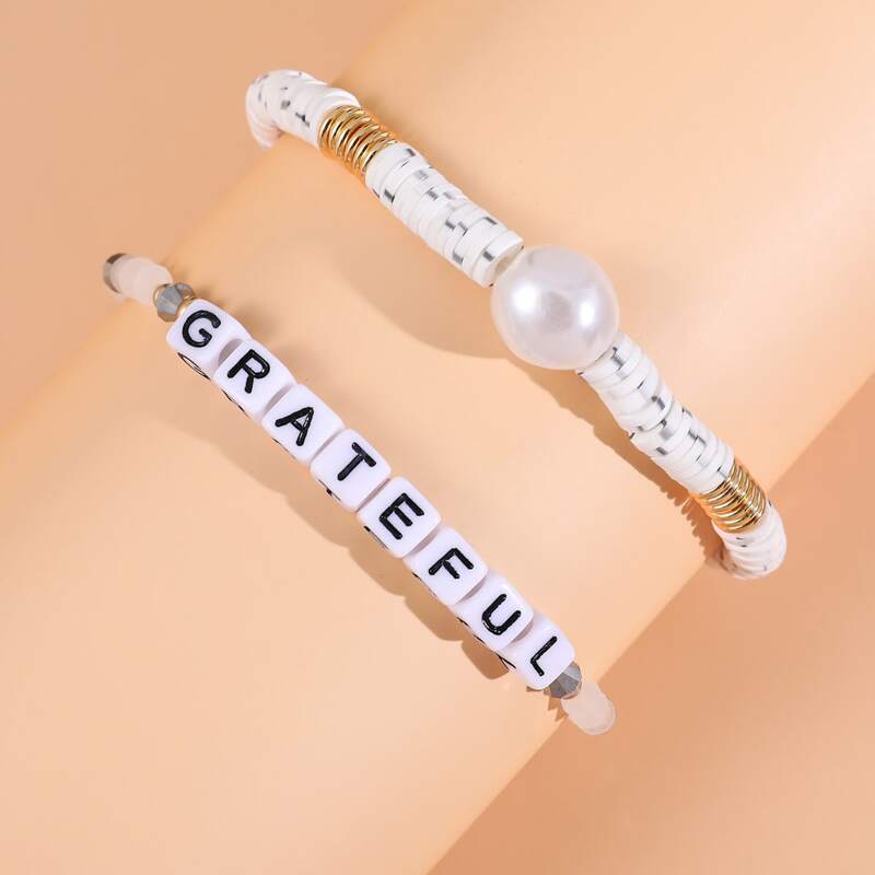 

2pcs Letter & Faux Pearl Decor Beaded Bracelet, Multicolor