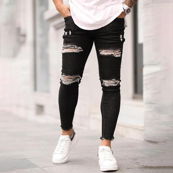 

Men Ripped Raw Hem Skinny Jeans, Black