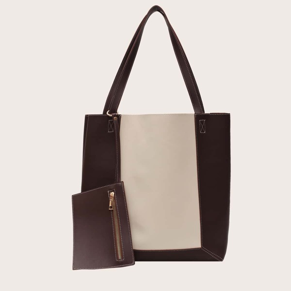 

Two Tone Tote Bag With Purse, Coffee brown