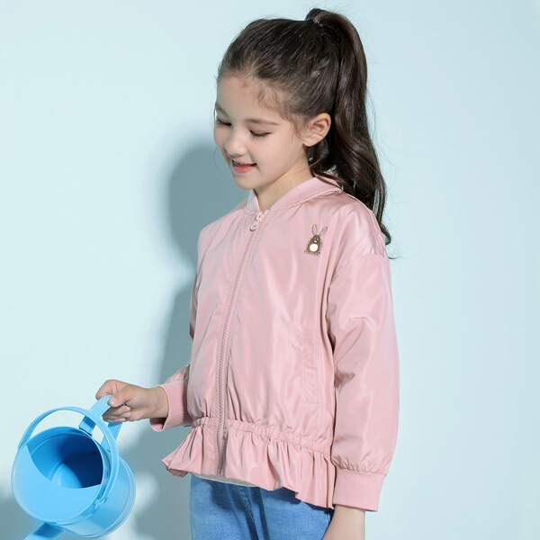 

Girls Cartoon Embroidery Patched Ruffle Hem Bomber Jacket, Baby pink