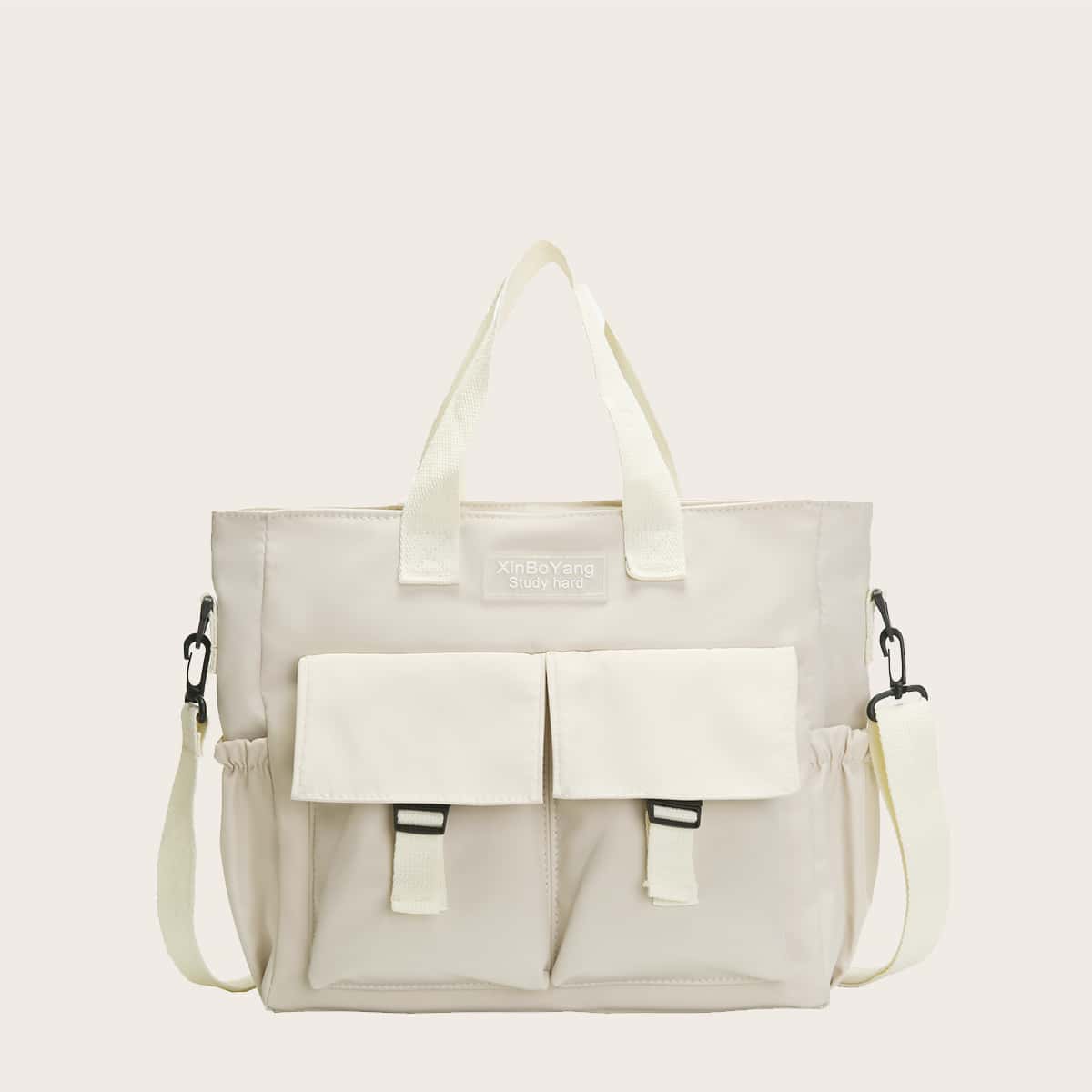 

Letter Patch Canvas Tote Bag, Beige