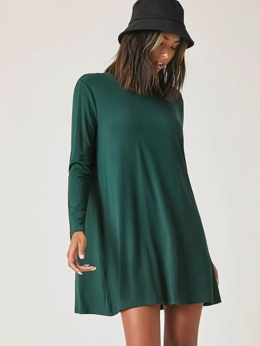SHEIN BASICS Mock-neck Tee Dress - Dark Green - View 1