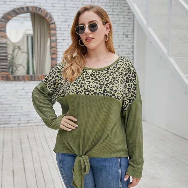 

Plus Leopard Print Knot Hem Waffle Knit Tee, Army green