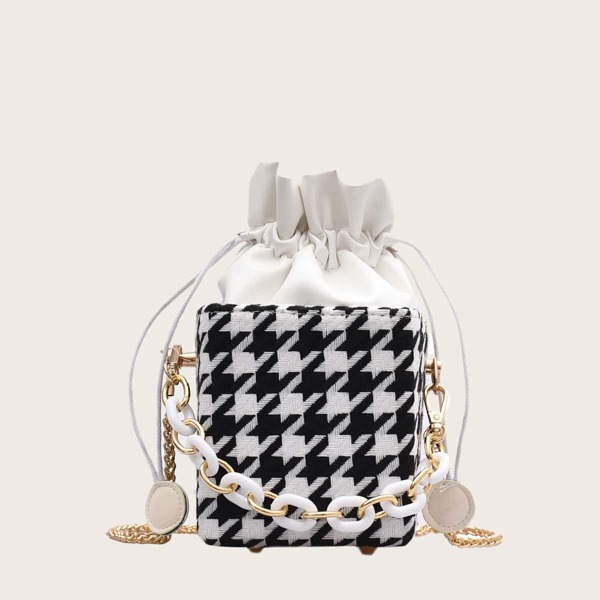

Mini Drawstring Decor Houndstooth Bucket Bag, Black and white