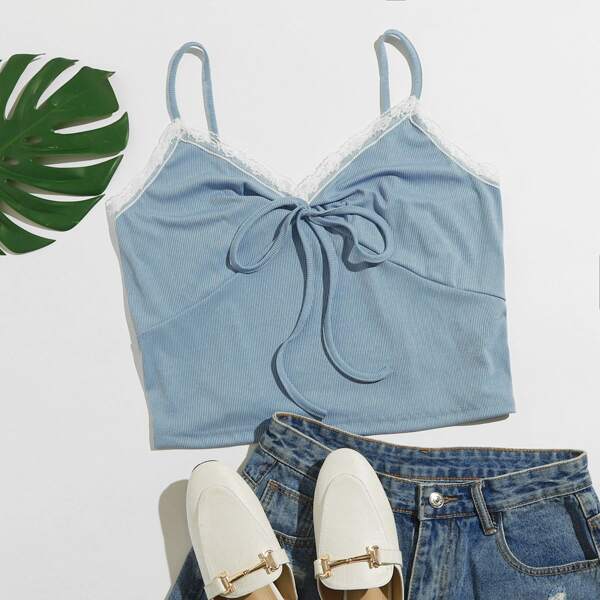 

Plus Contrast Lace Knot Front Cami Top, Dusty blue