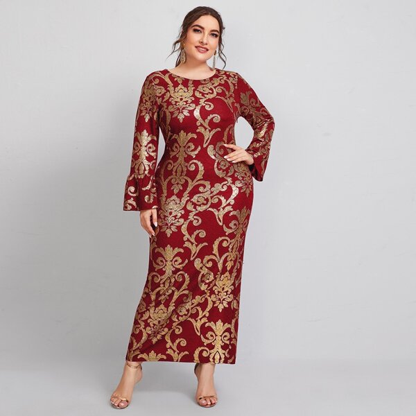 

Plus Allover Baroque Print Flounce Sleeve Straight Hem Dress, Burgundy