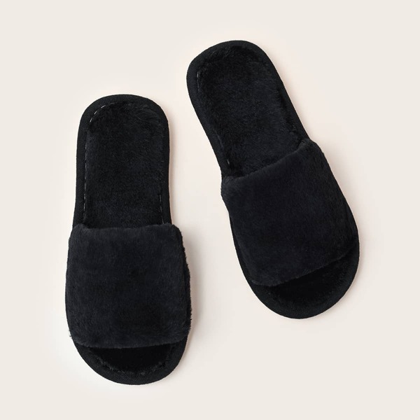 

Open Toe Wide Fit Fluffy Slippers, Black