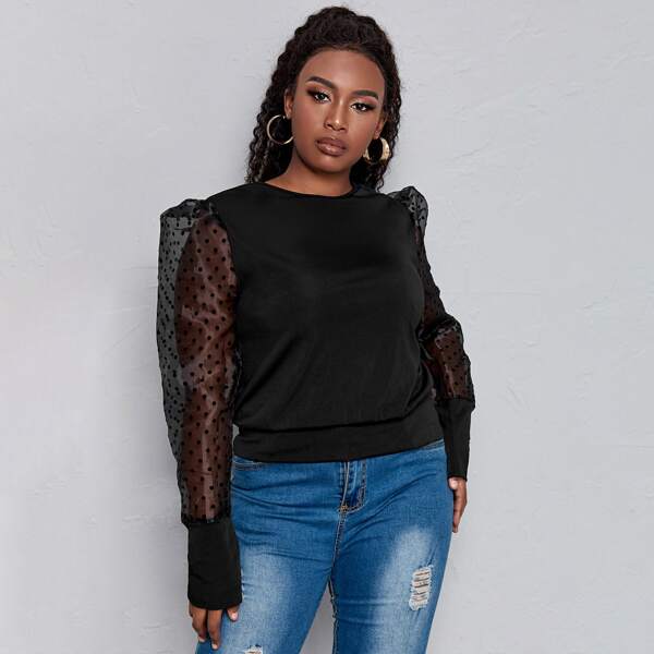 

Plus Dobby Mesh Puff Sleeve Top, Black