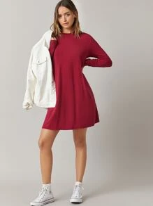 SHEIN BASICS Vestido camiseta unicolor - Rosa Roja - Ver 5