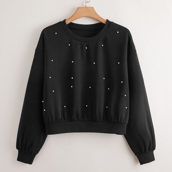 

Plus Pearls Beaded Drop Shoulder Sweatshirt, Black