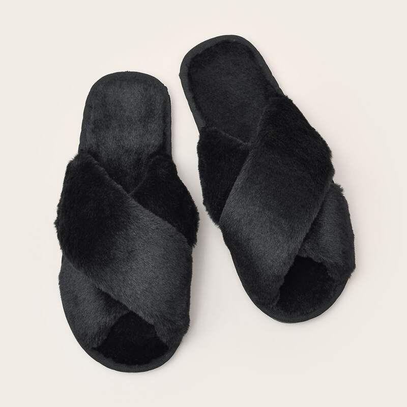 

Open Toe Cross Strap Fluffy Slippers, Black