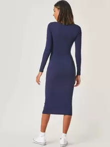 SHEIN BASICS Cotton Square Neck Solid Dress - Navy Blue - View 2