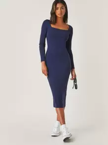 SHEIN BASICS Cotton Square Neck Solid Dress - Navy Blue - View 5