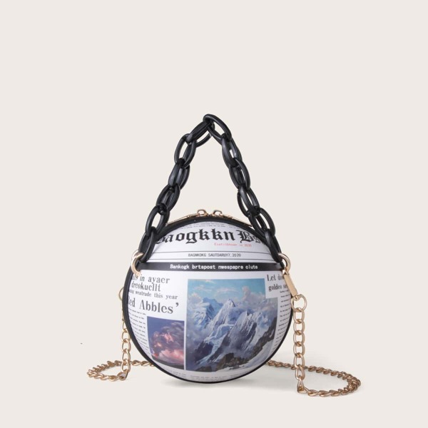 

Newspaper Graphic Ball Satchel Bag, Multicolor