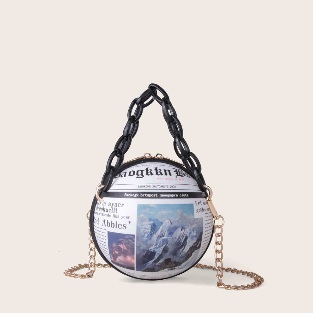 

Newspaper Graphic Ball Satchel Bag, Multicolor