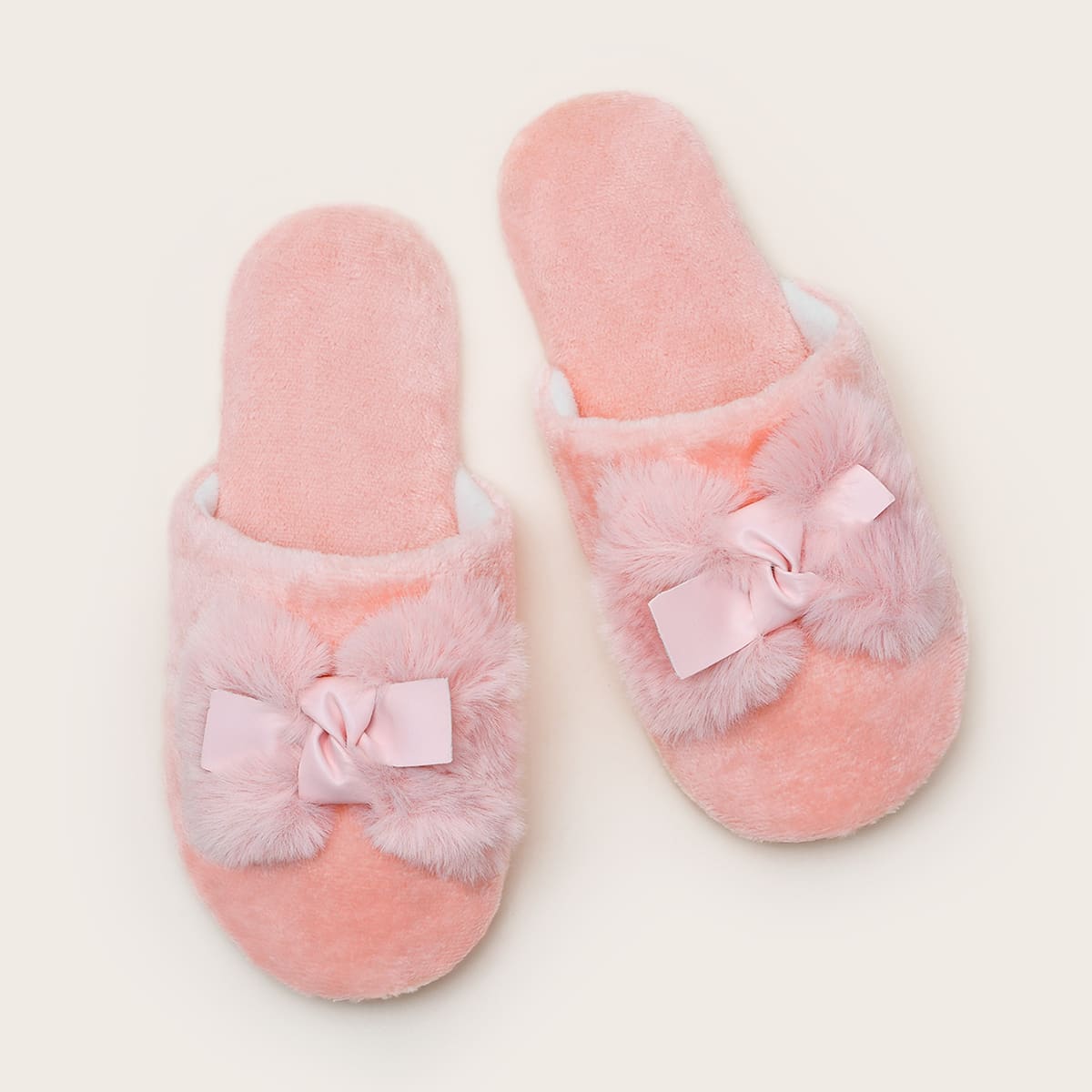 

Bow Decor Wide Fit Fluffy Slippers, Pink