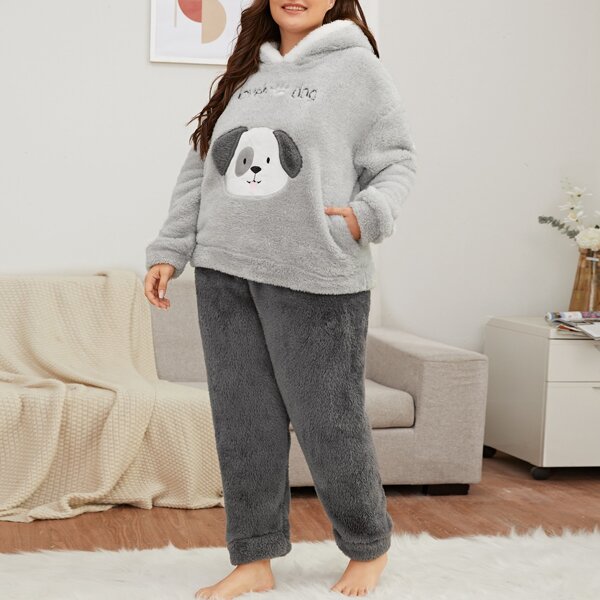 

Plus Letter & Dog Embroidery Teddy PJ Set, Grey