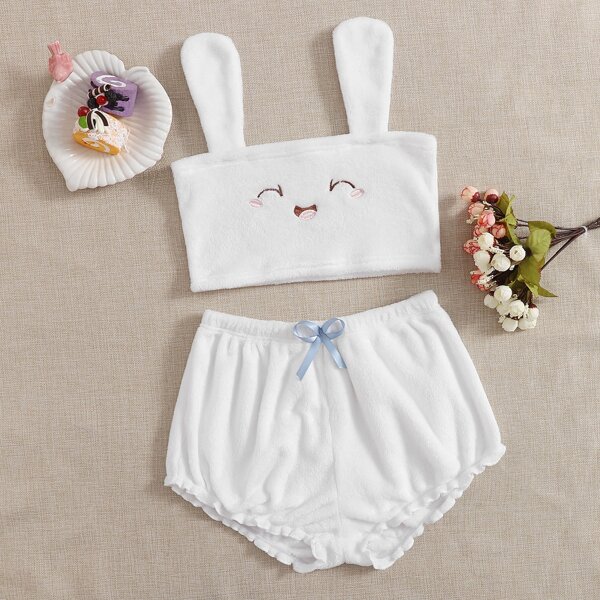 

Cartoon Embroidery 3D Ear Tube Top & Shorts PJ Set, White