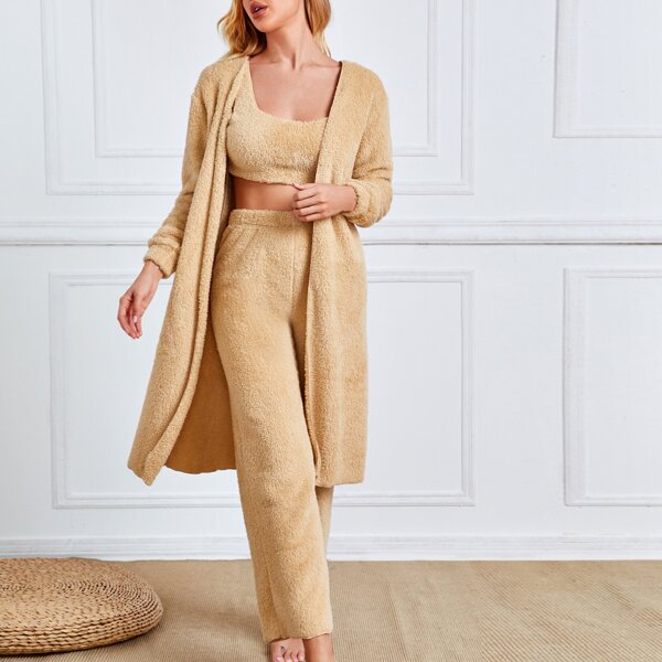 

Solid Tank Top & Pants & Robe Lounge Set, Camel