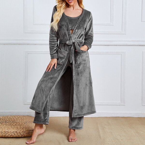 

Flannel Crop Tank Top & Pants & Robe Lounge Set, Grey