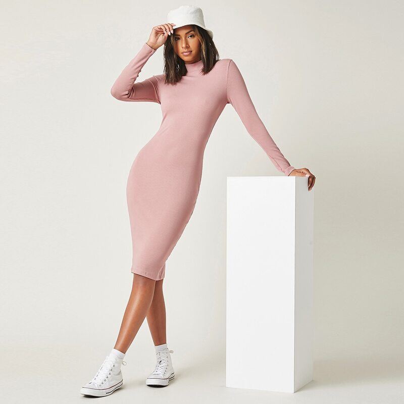 

Mock Neck Rib-knit Bodycon Dress, Baby pink