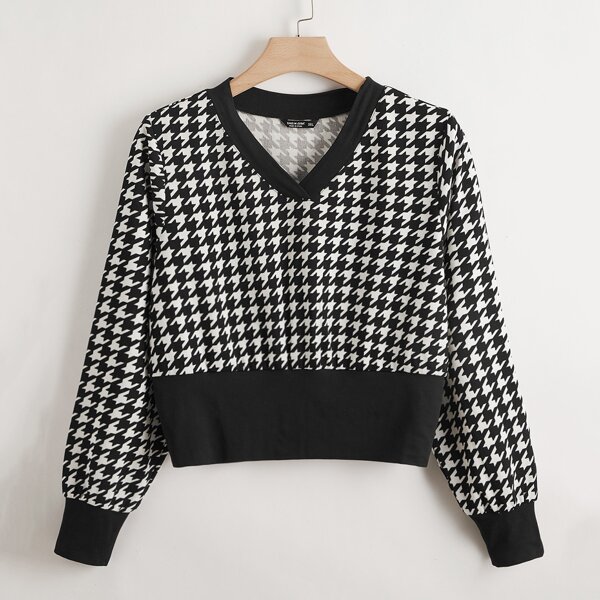

Plus Houndstooth Print Crop Sweatshirt, Black and white