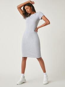 SHEIN BASICS Váy bodycon Bông Vòng cổ Chất rắn - Màu Xám nhạt - Xem 5