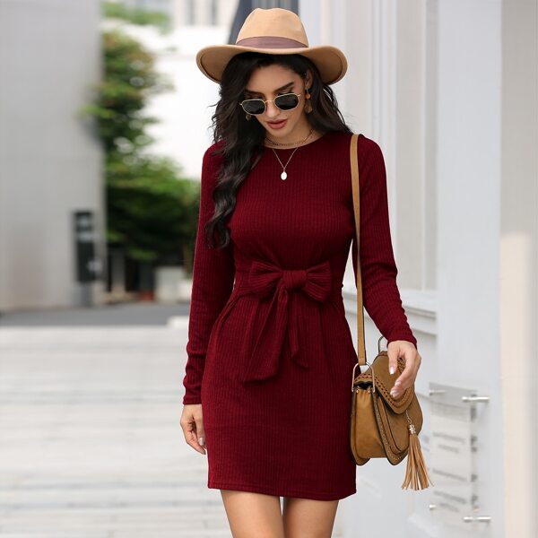 

Crew Neck Tie Front Rib-Knit Dress, Burgundy