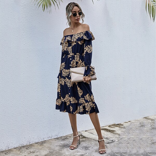 

Bardot Flounce Trim Slit Hem Leaf Print Dress, Navy blue
