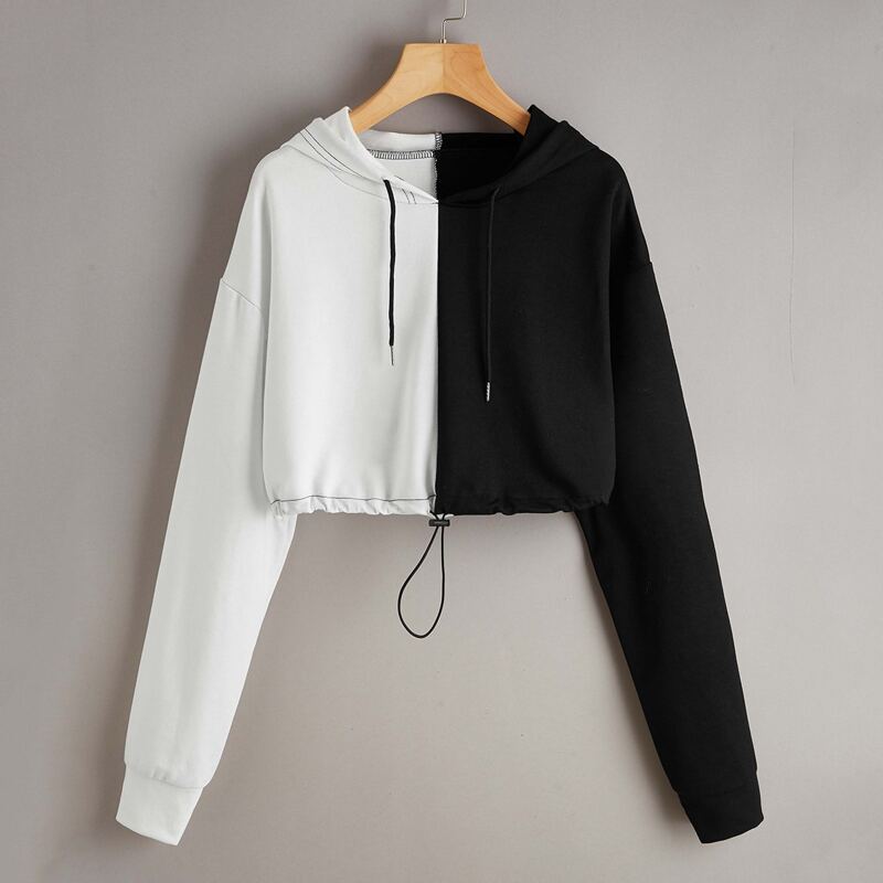 

Colorblock Drawstring Crop Hoodie, Black and white