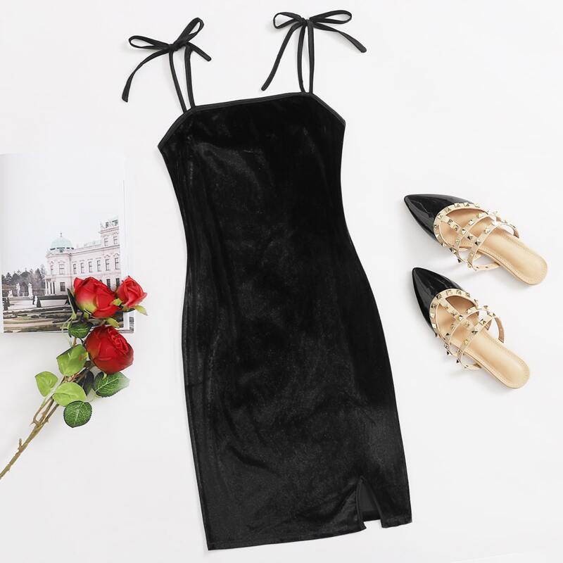 

Tie Shoulder Velvet Cami Dress, Black