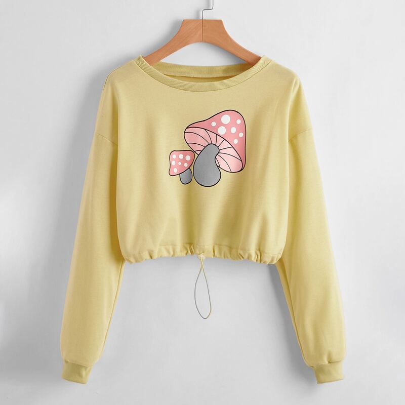 

Mushroom Graphic Drawstring Crop Sweatshirt, Yellow pastel